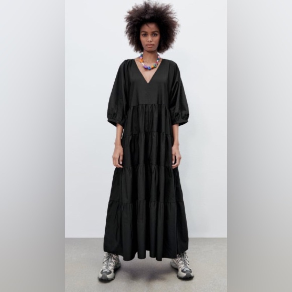ZARA BLACK TIERD POPLIN DRESS - size XL